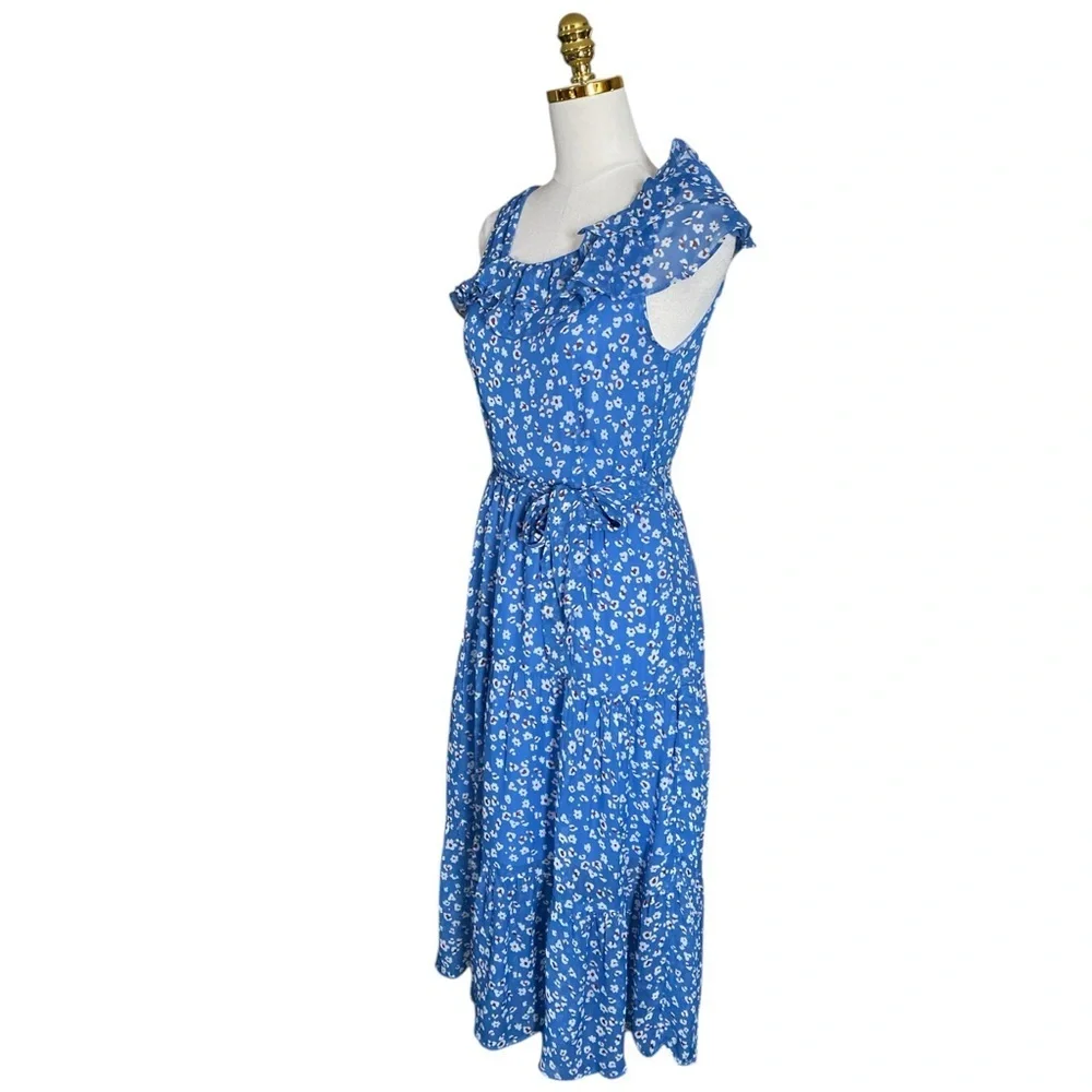 Amour Vert Women’s XS Blue Floral Ruffled Tiered Sleeveless Midi Silk Dress - Picture 5 of 10